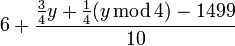 6 + \frac {\frac34 y + \frac14 (y \operatorname{mod} 4) - 1499} {10}